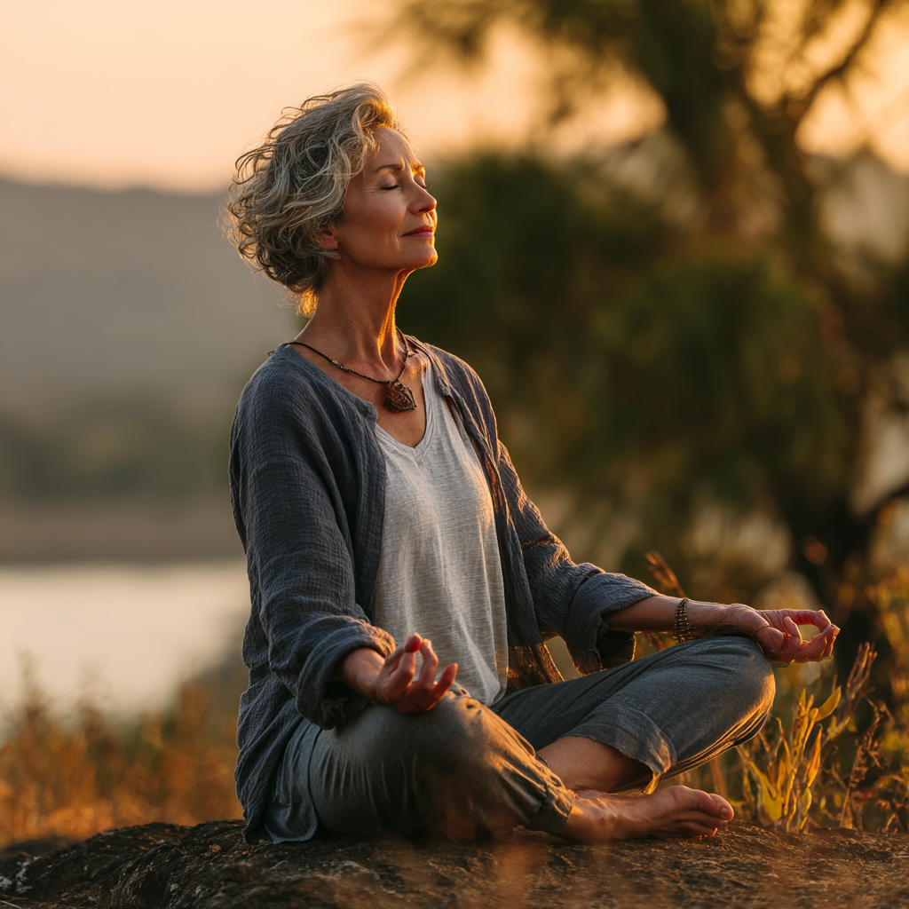 Mature woman practicing yoga outdoors in serene natural setting