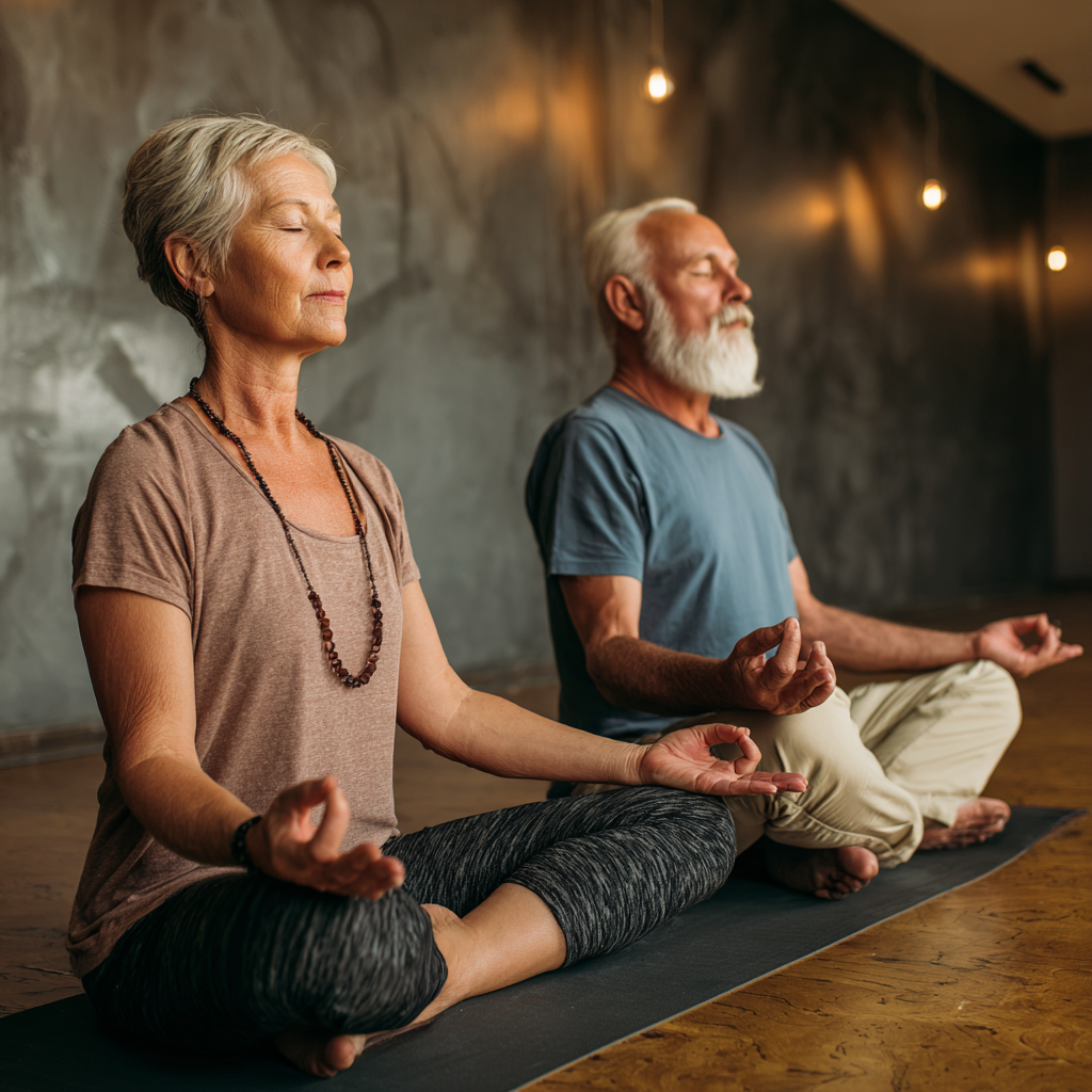 Senior adults practicing yoga together in peaceful studio environment